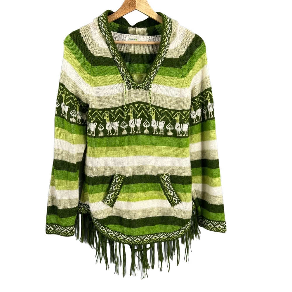 Alpaca Natural Sweater Green Striped Fringe Hood Front Pocket Small